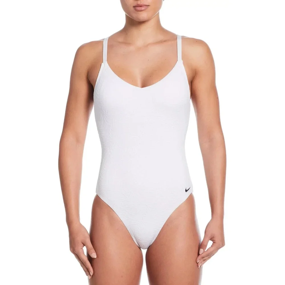 Nike Women'S V-Neck Jacquard One-Piece Swimsuit White Size‎ XL MSRP $90